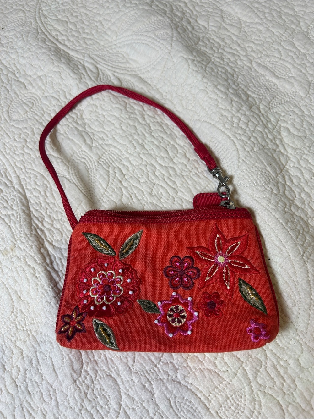 Vintage Liz Claiborne Red Floral Embroidered Wristlet